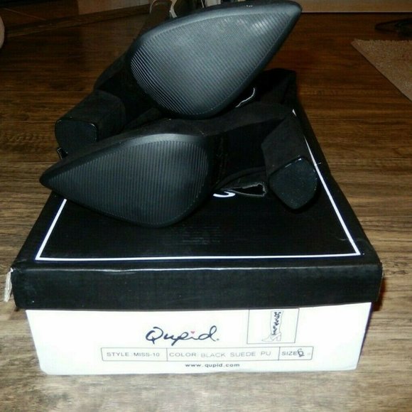 New Qupid Boots 6  OTK Over Knee Heel Black Faux Suede Embroidered Flowers - Picture 7 of 7